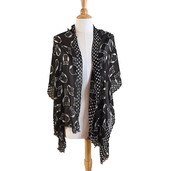 Cato Black White Owl Print & Polka Dot  Scarf/Wrap/ Shawl Halloween 20 x 70 - Picture 1 of 8